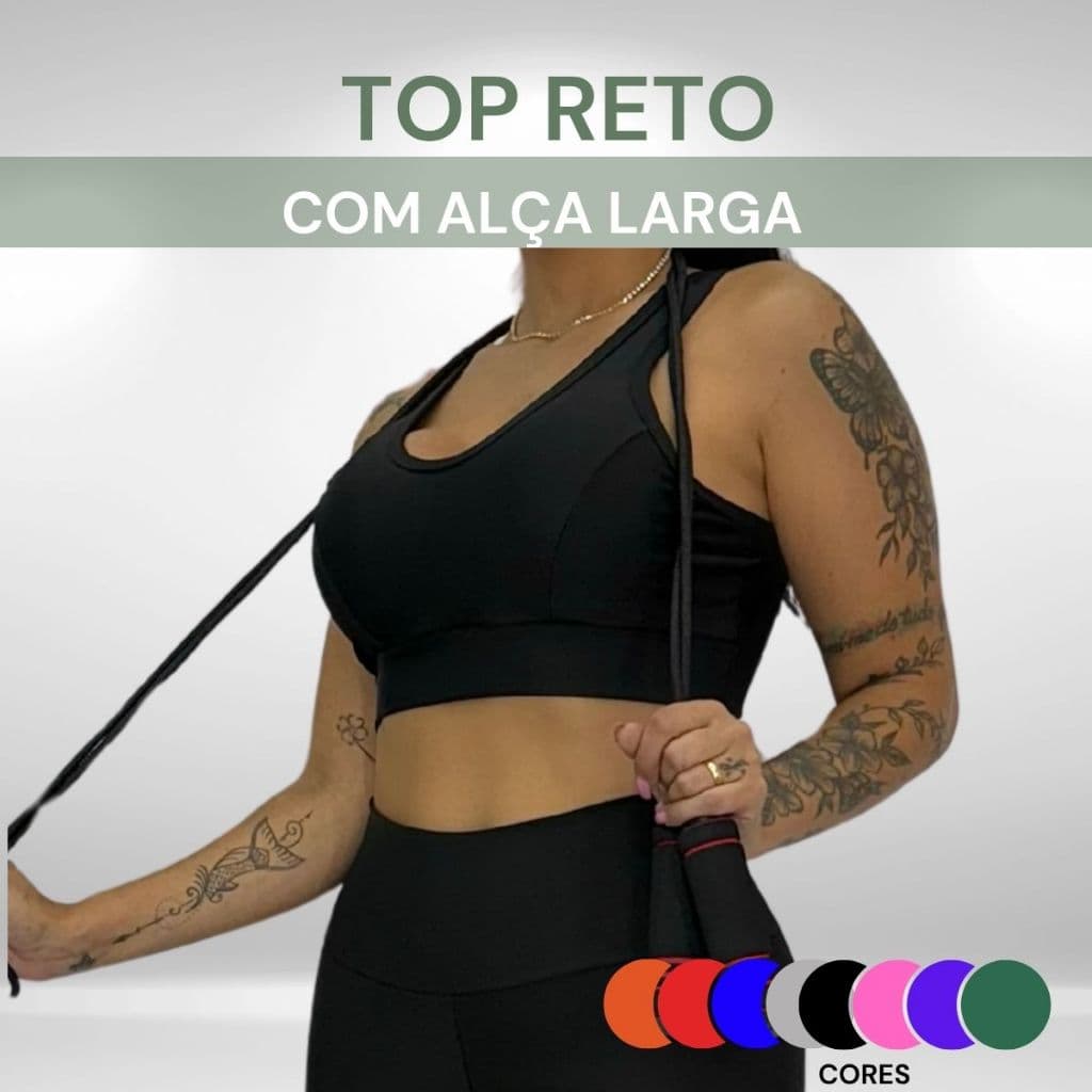 Top Fitness Alças Largas Sustentação Forrado Bojo Removível Preto Academia Envio Imediato