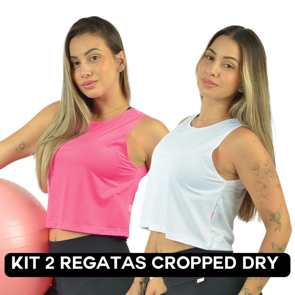 Kit 2 Regatas Cropped Dry Fit Academia Feminina Com Microfuros UV50+  Blusa Fitness