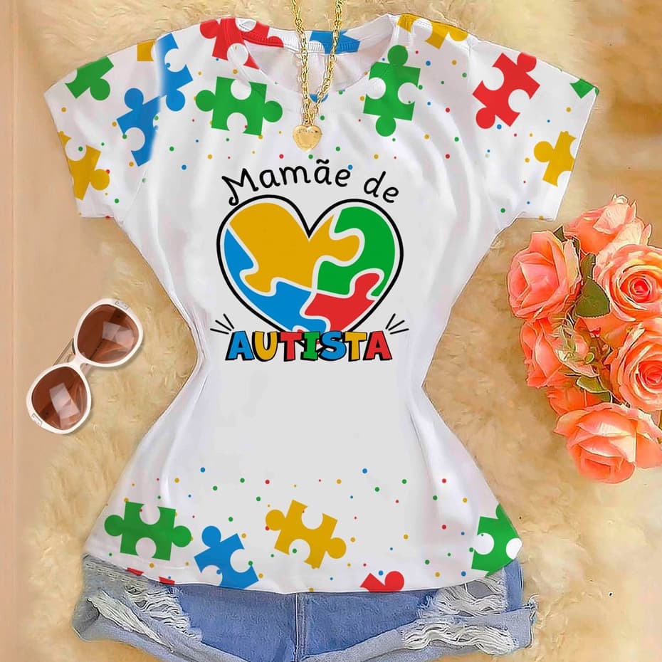 Camiseta Tshirts Feminina Premium Estampada Mamãe de Autista Autismo TEA Confortável