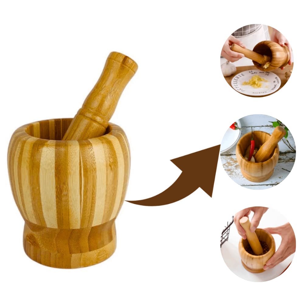 Pilão Socador Em Bambu Para Alho Temperos e Condimentos - Moedor de Temperos