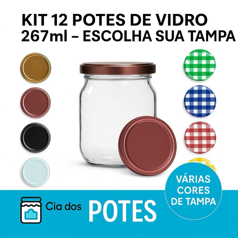 Kit 12 Potes De Vidro Conserva 267ml - Com Tampa e Lacre - Geleia, Bolo De Pote, Salada de Pote, Mel