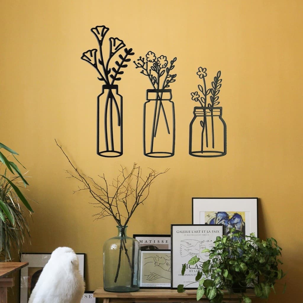 Kit 3 Quadros Decorativos Vazados MDF 3mm Vaso de Flores One Line