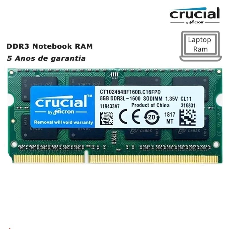 Memoria Ram - Crucial DDR3 Para Notebook 4GB 8GB 1600MHz 1333MHz 1066MHz Memória PC3L NOTEBOOK