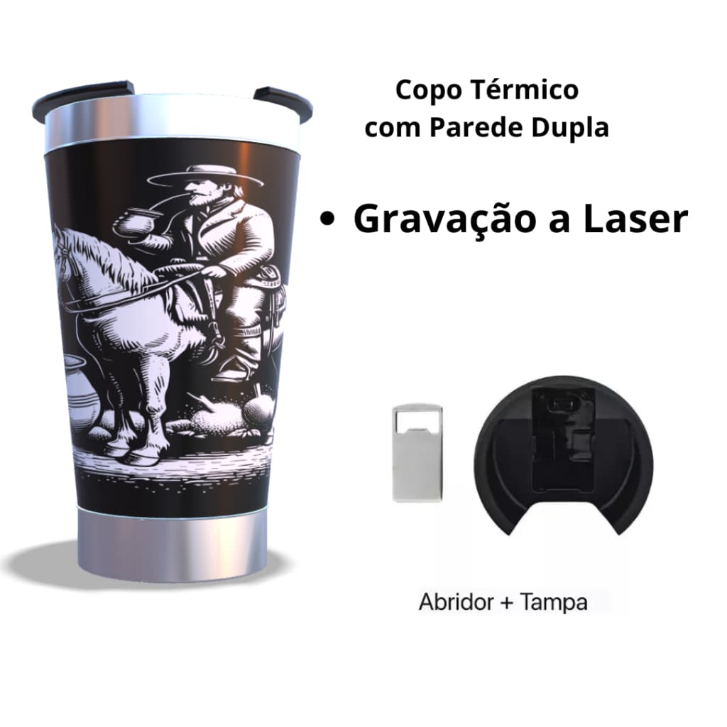 COPO TÉRMICO 473ML COM ARTE 360 GRAUS NO COPO INTEIRO A LASER TEMA: CAVALO E HOMEM NOVIDADE INVERNO
