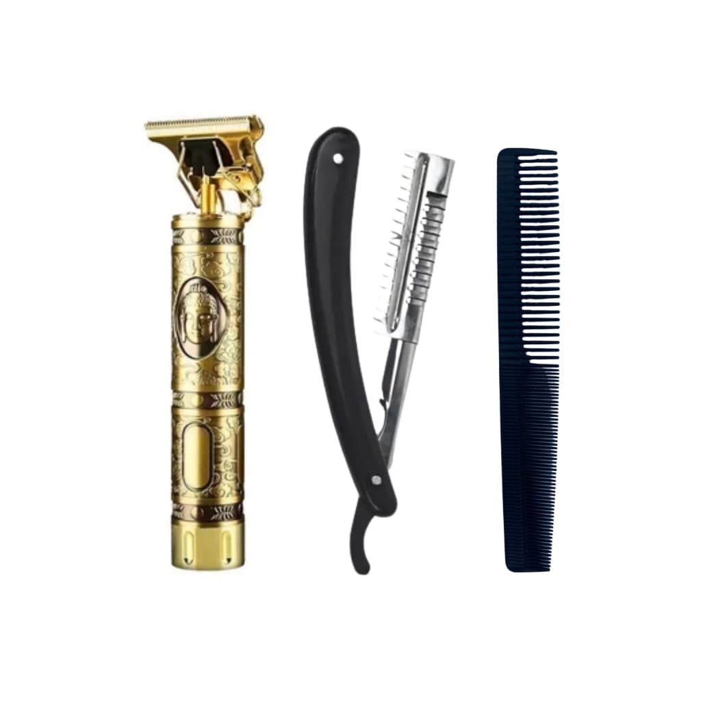 Kit Barbeiro Premium – Máquina de Corte + Navalhete + Pente Longo