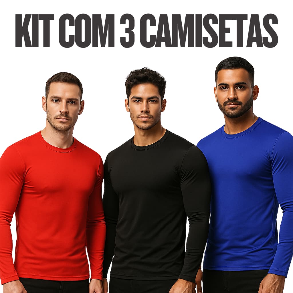 Kit com 3 Camisetas Masculinas Térmica Segunda Pele com Proteção UV Tecido Gelado Contra o Verão