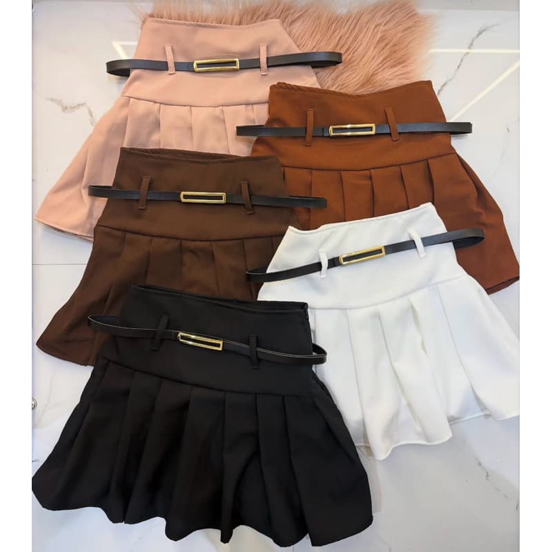 Short Saia Feminino Alfaiataria Plissado com Cinto Estilo Colegial Tendência Verão