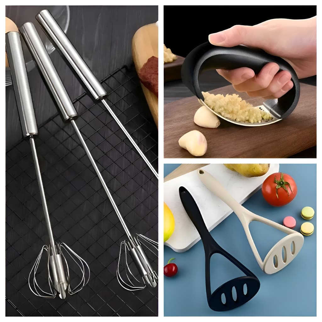 Kit 3 Peças: Batedor Manual + Espremedor de Alho + Amassador de Batata Preto – Cozinha Prática