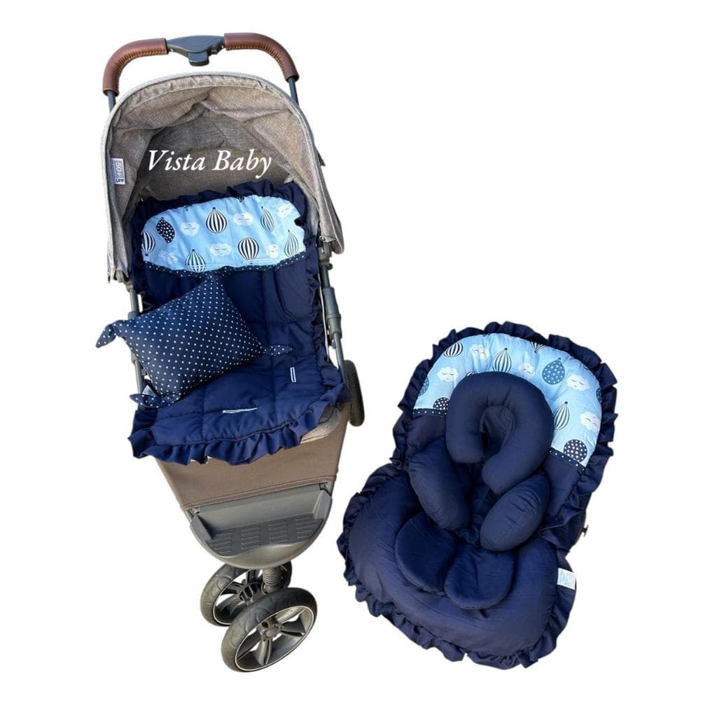 Kit Capa para Carrinho + Capa para Bebê Conforto + Apoio Redutor Balões Marinho+ Almofada Decorativa