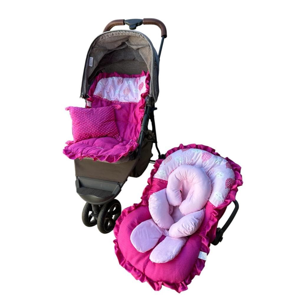 Kit Capa para carrinho + Capa para Bebê Conforto + Apoio Redutor Balões Pink + Almofada Decorativa