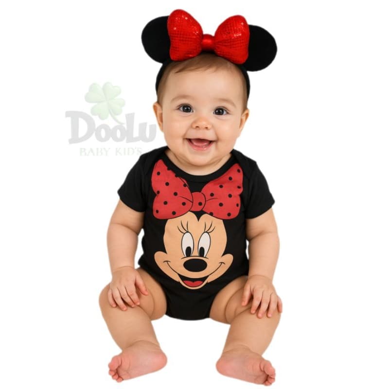 Body de Bebê da Minnie Temático Mêsversario Menina + Tiara Da Minnie
