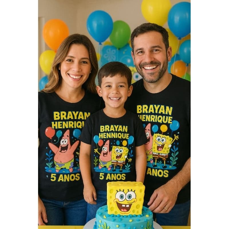Kit 3 Camisetas Personalizadas Aniversário Infantil Bob Esponja Patrick | Família | Nome e Idade  | Algodão Premium