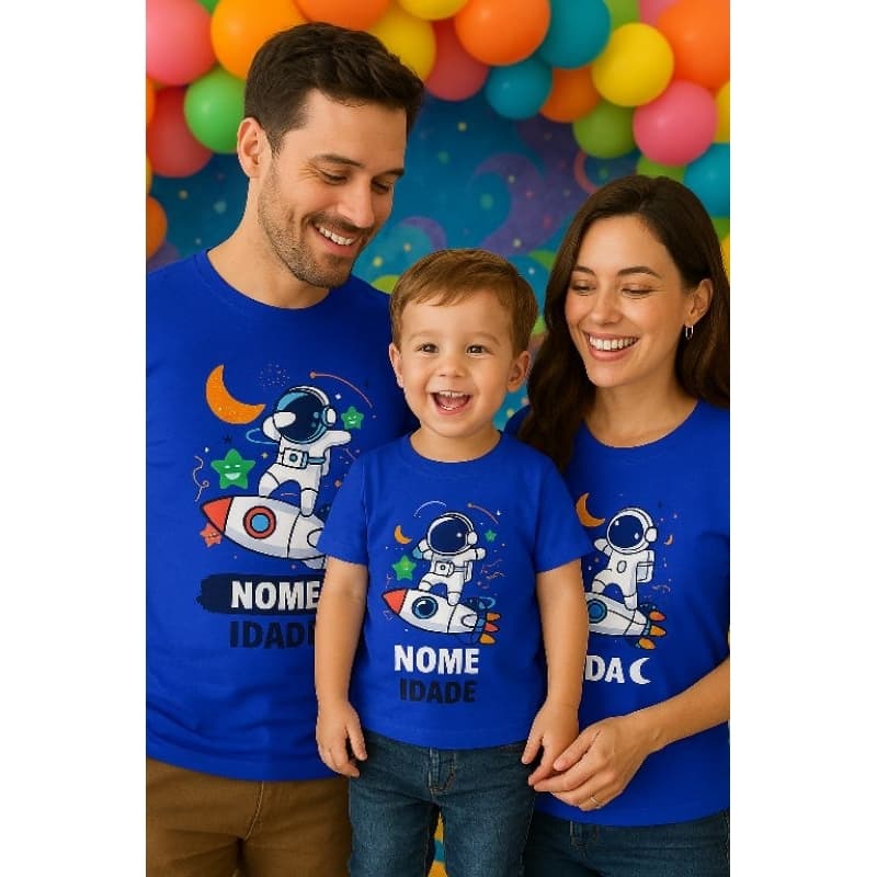Kit 3 Camiseta Astronauta Infantil Personalizada Nome e Idade | Kit Aniversário Família Espaço 🚀