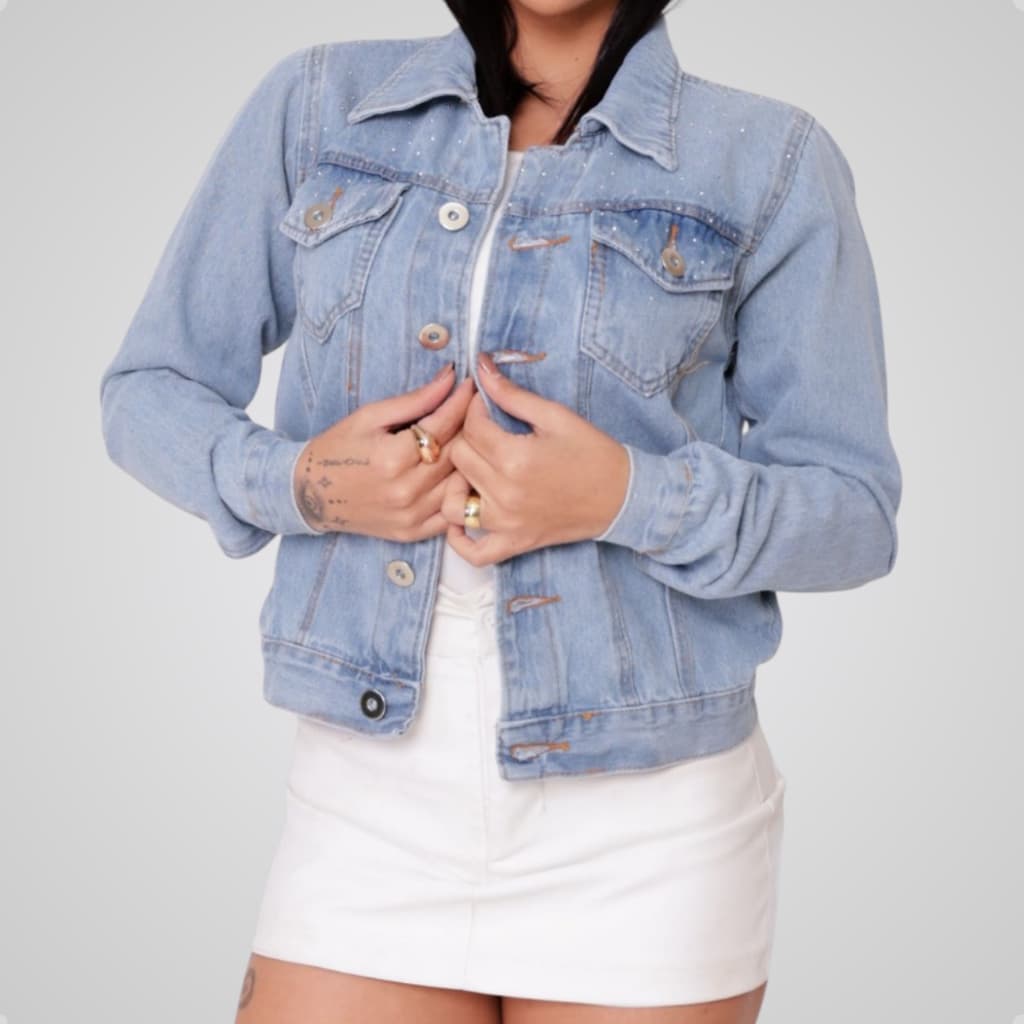 Jaqueta Jeans Brilho Strass Superior Marmorizada Moda Feminina