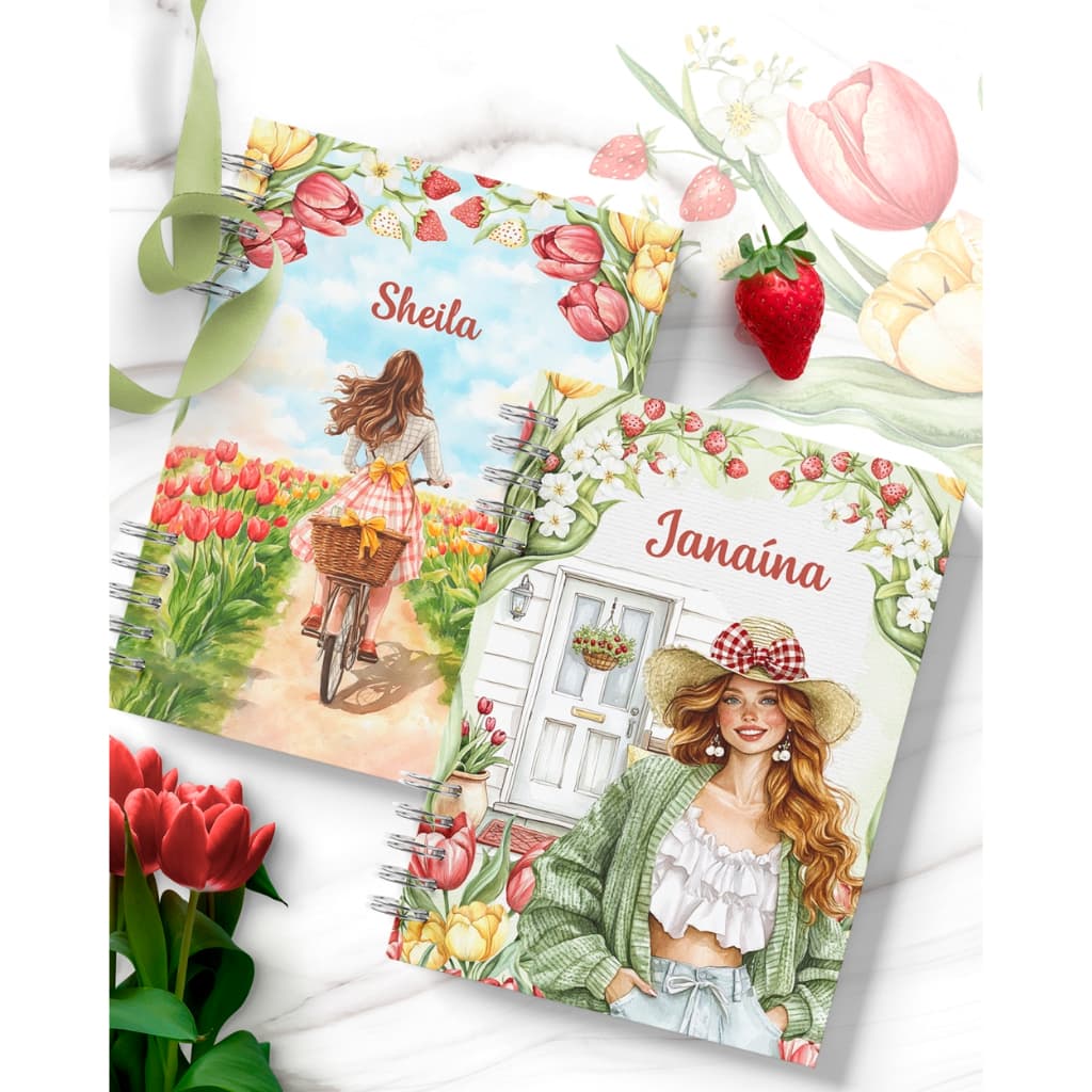 Caderno Morangos e Flores personalizado COM NOME DO COMPRADOR, 100 folhas,  A5, folhas decoradas