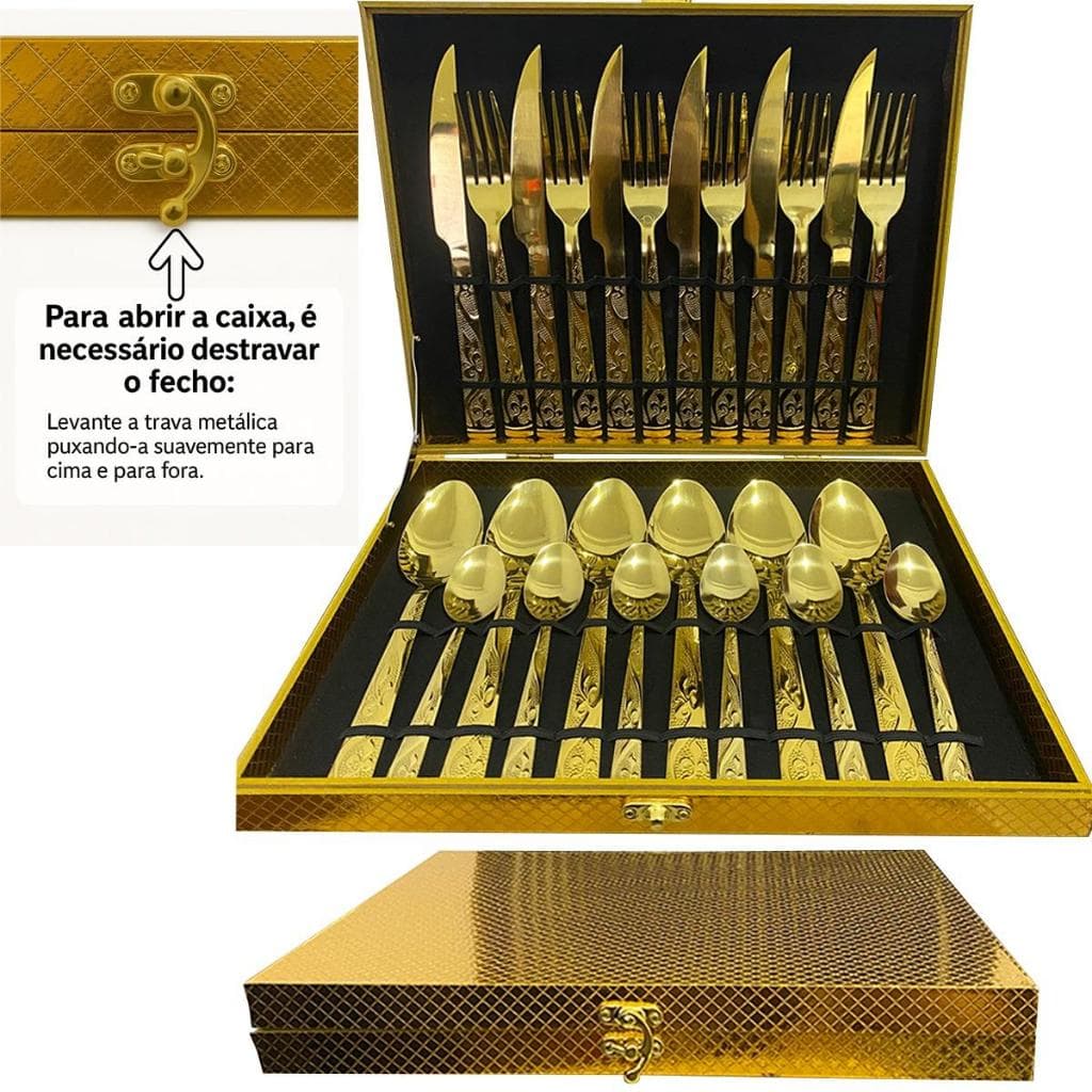 Kit faqueiro 24 peças - maleta dourada - peças na cor prata e dourada. conjunto de talheres - jogo de talheres