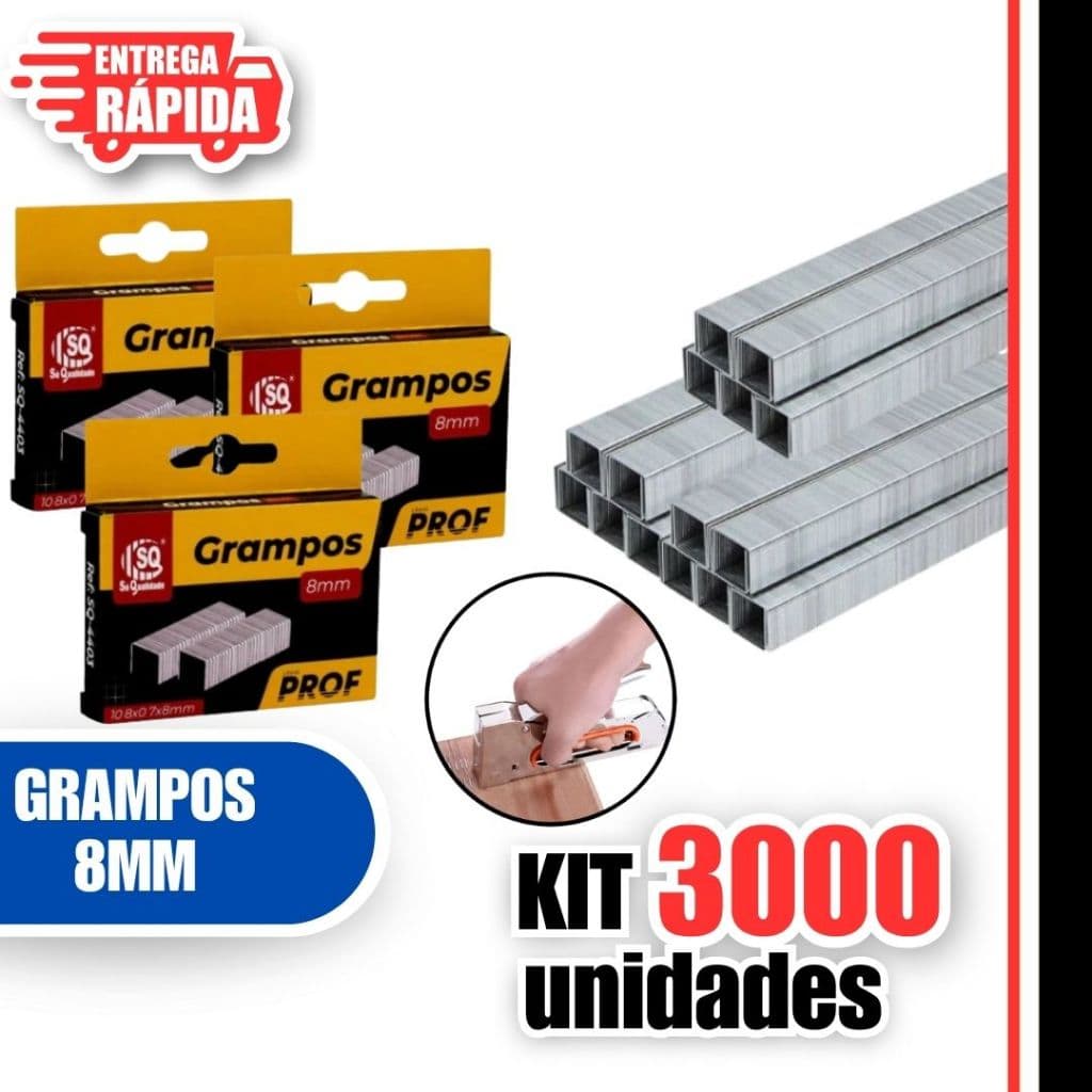 kit 3.000/1000 Grampos Para Grampeador Madeira Tapeceiro 8mm