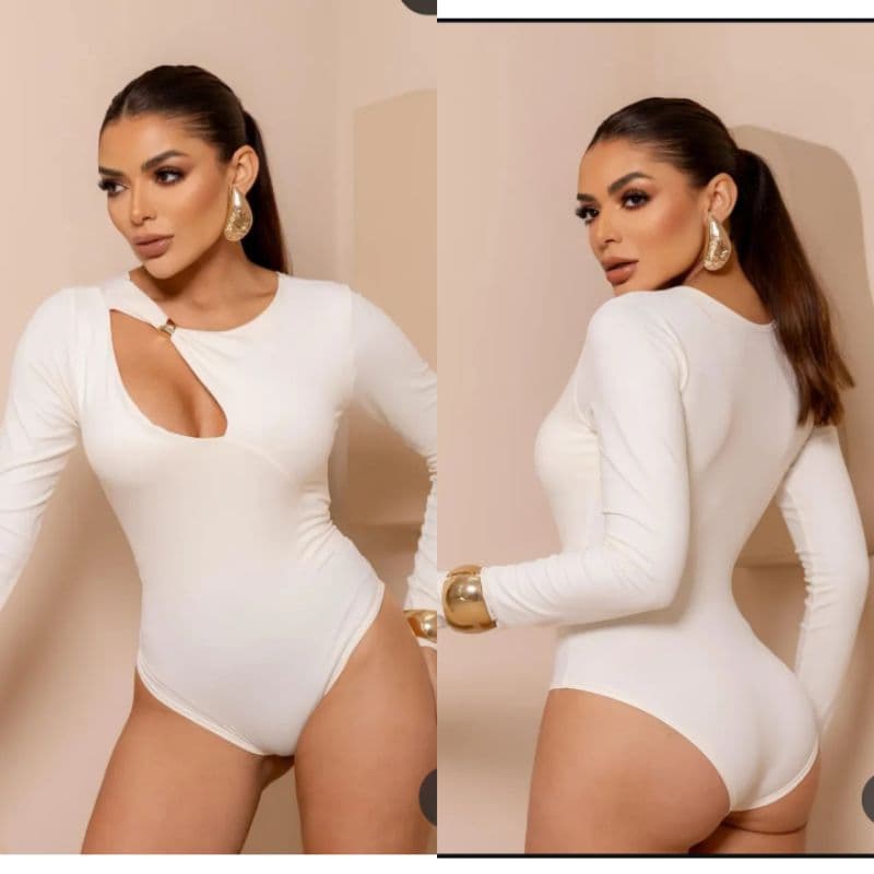 body femenina manga longa con decote no peito leva fivela moda inverno