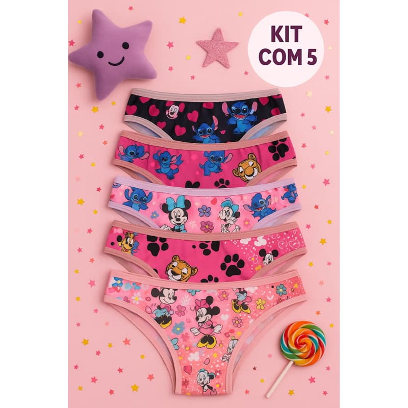 Kit 5 Calcinha   Juveniil Tanga Estampada Conforto Tecido Microfibra Com Forro Algodão