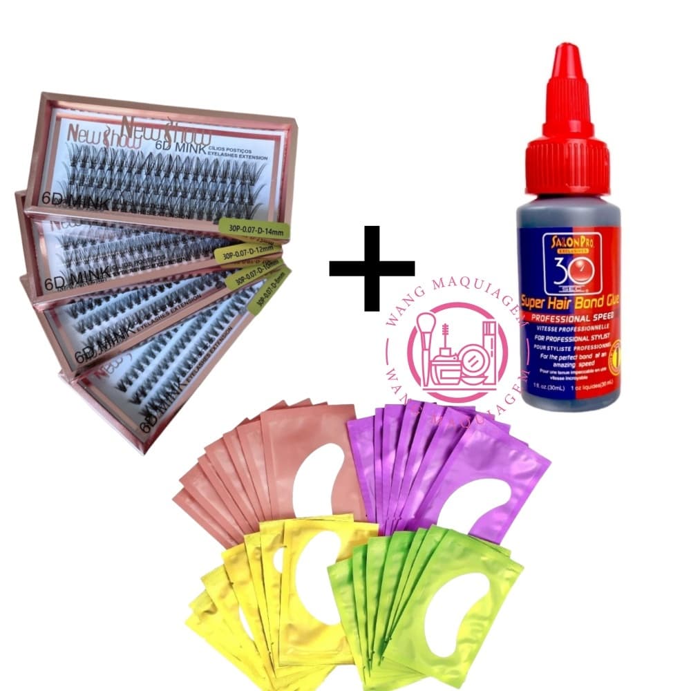 Conjunto Cílios Postiços 30P-0.07-D 6D MINK NEW SHOW + Super Cola 30ml Salon Pro + 50 Pares Gel Pad