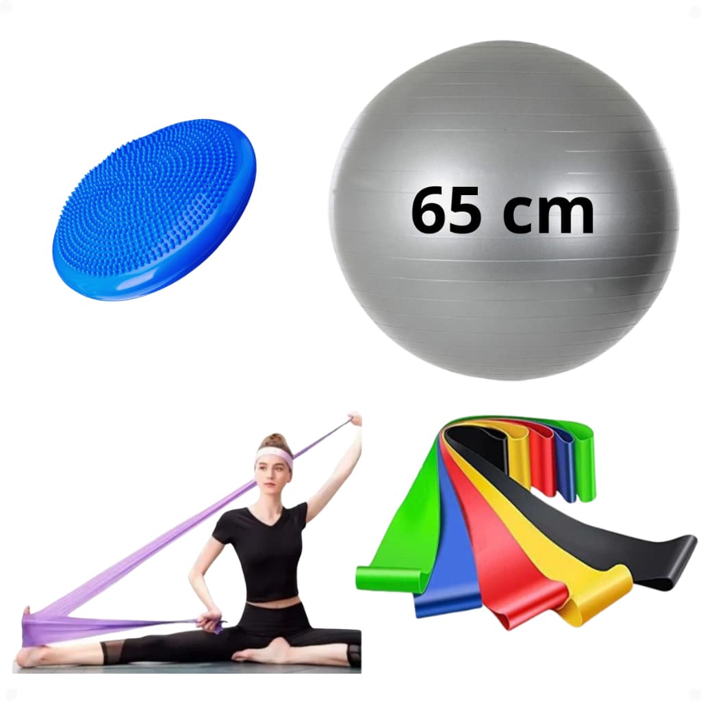 Kit Bola de Pilates 65cm + Disco de Equilibrio + Faixa Elástica + Mini Band Pilates Fisioterapia