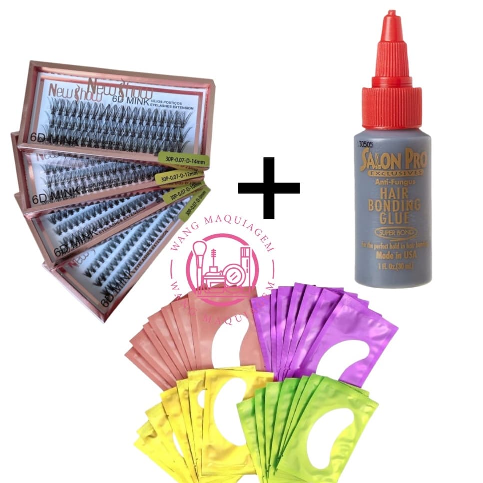 Conjunto Cílios Postiços 30P-0.07-D 6D MINK NEW SHOW + Cola 30ml Salon Pro + 50 Pares Gel Pad