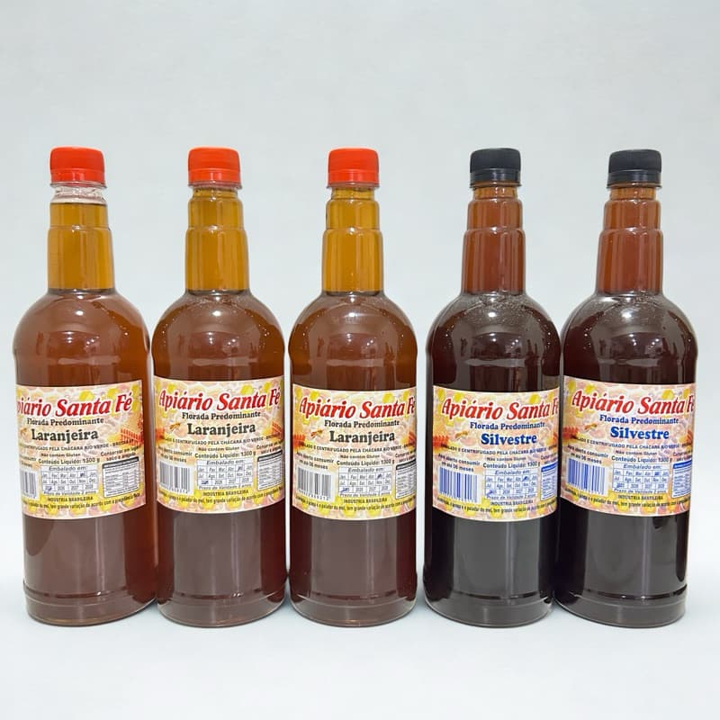 Kit com 5 Litros Mel 100% Puro – 3 Laranjeira + 2 Silvestre – 1,300kg Cada – Direto do Apiário
