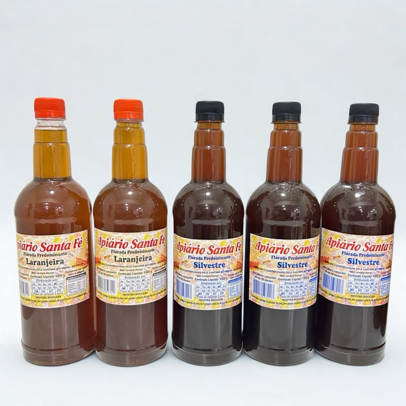 Kit com 5 Litros de Mel 100% Puro – 3 Silvestre  + 2 Laranjeira – 1,3kg Cada – Direto do Apiário
