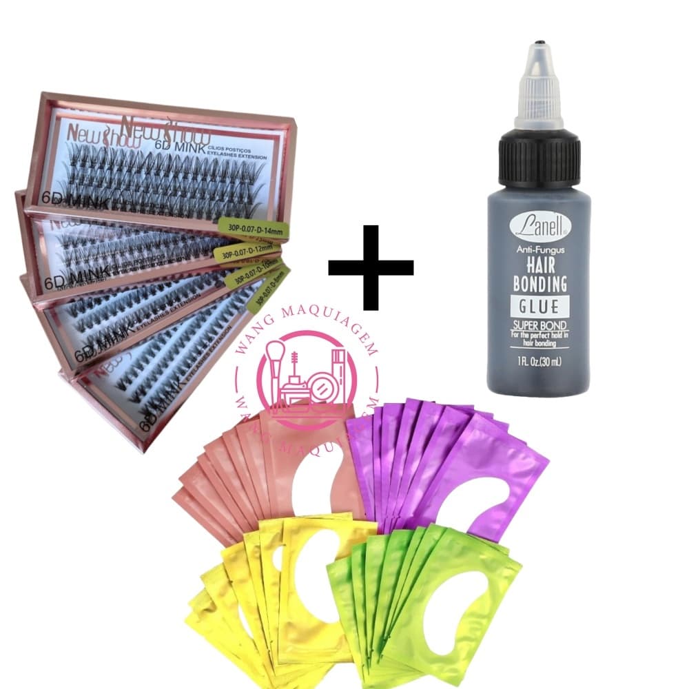 Conjunto Cílios Postiços 30P-0.07-D 6D MINK NEW SHOW + Cola 30ml Lanell + 50 Pares Gel Pad Protetor