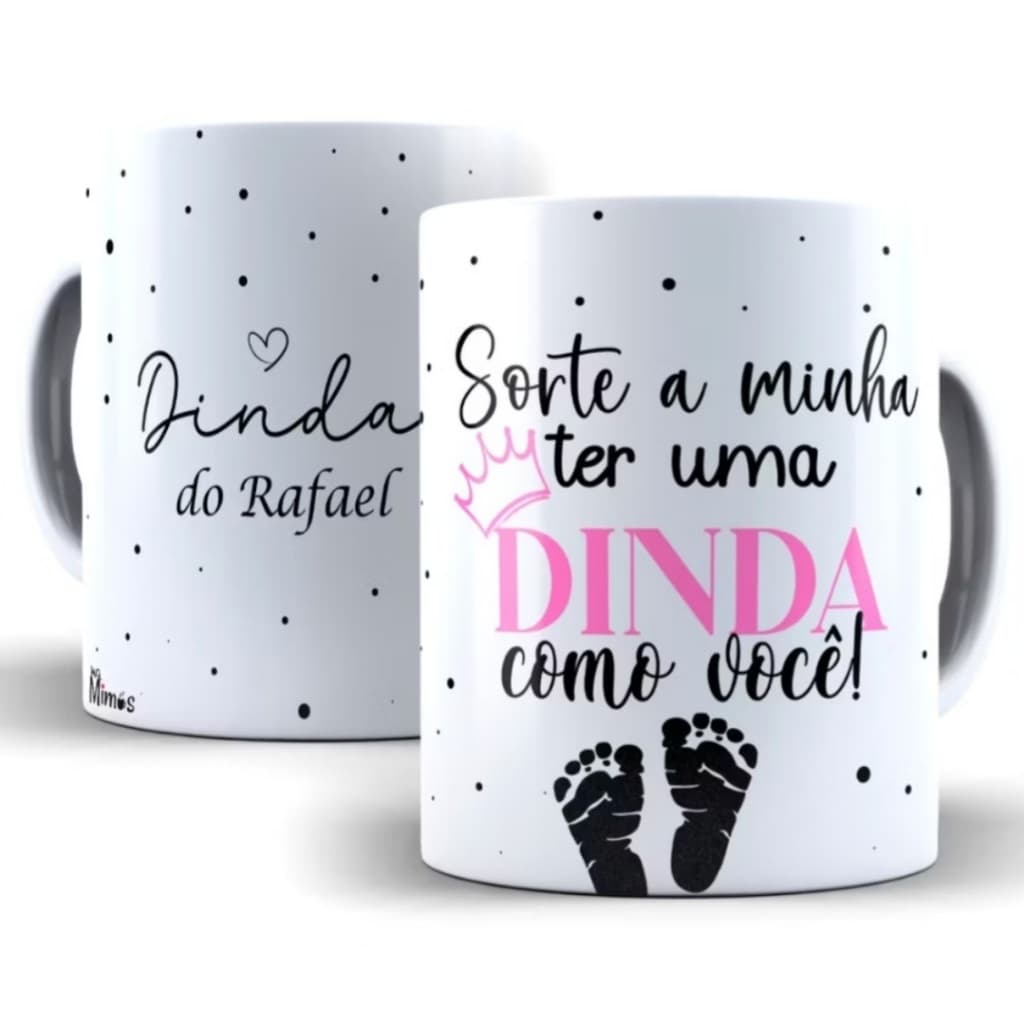 Caneca Convite Padrinhos de Batismo Dinda Personalizada com Nome 325 ml Porcelana