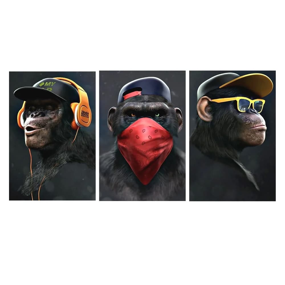Quadro Decorativo 3 Peças Gangue dos Macacos Sabios Não Vejo Não Falo Não Ouço Lendas Sala e Quarto