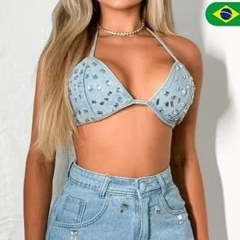 Top Cropped Jeans pedras brilhantes/Top Jeans feminino