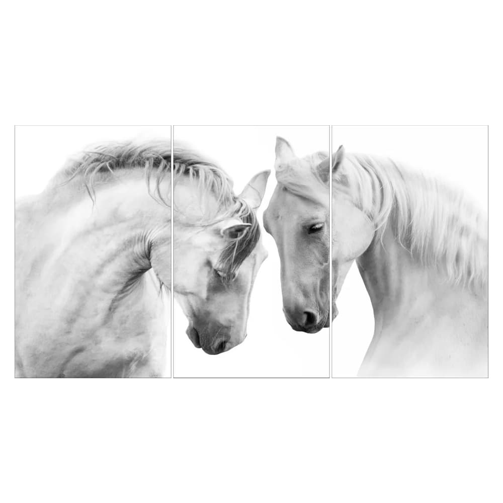 Quadro Decorativo 3 Peças Cavalos Cinzas Animais Selvagens Natureza