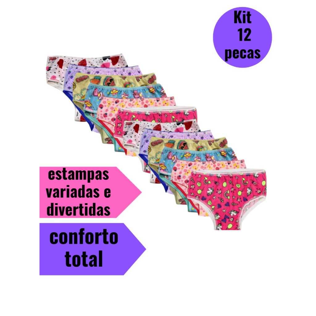 Kit 12 Calcinha infantil de algodao com forro cores sortidas