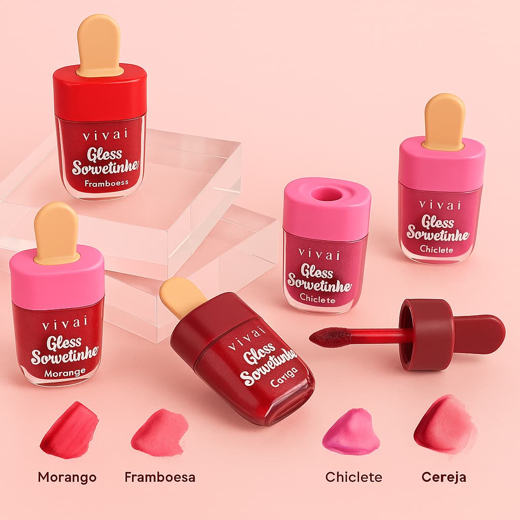 Kit 5 Gloss Labial Sorvetinho Hidratante com brilho - Vivai