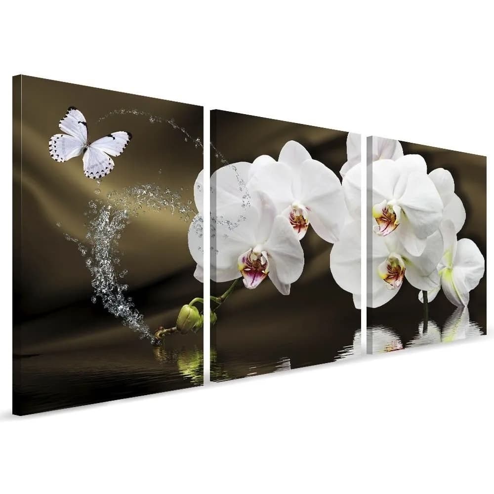 Quadro Decorativo 3 Peças Orquídeas Brancas Borboleta Pétalas Flores Natureza