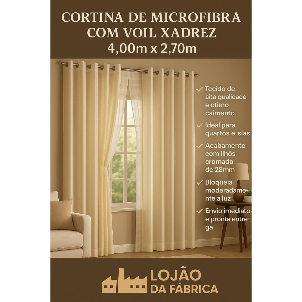 Cortina Elegante 4,00x2,70m com Forro de Microfibra e Voil Xadrez Liso – Ideal para Quarto ou Sala