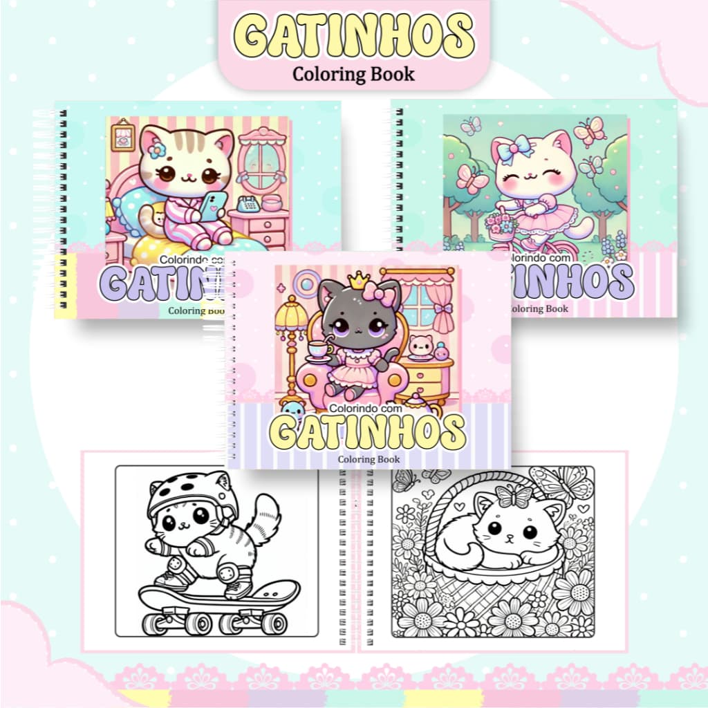 Livro de Colorir Gatinho 52 Folhas 180G Caderno de Desenho Pintura Coloring Book SEM PERSONALIZAÇÃO