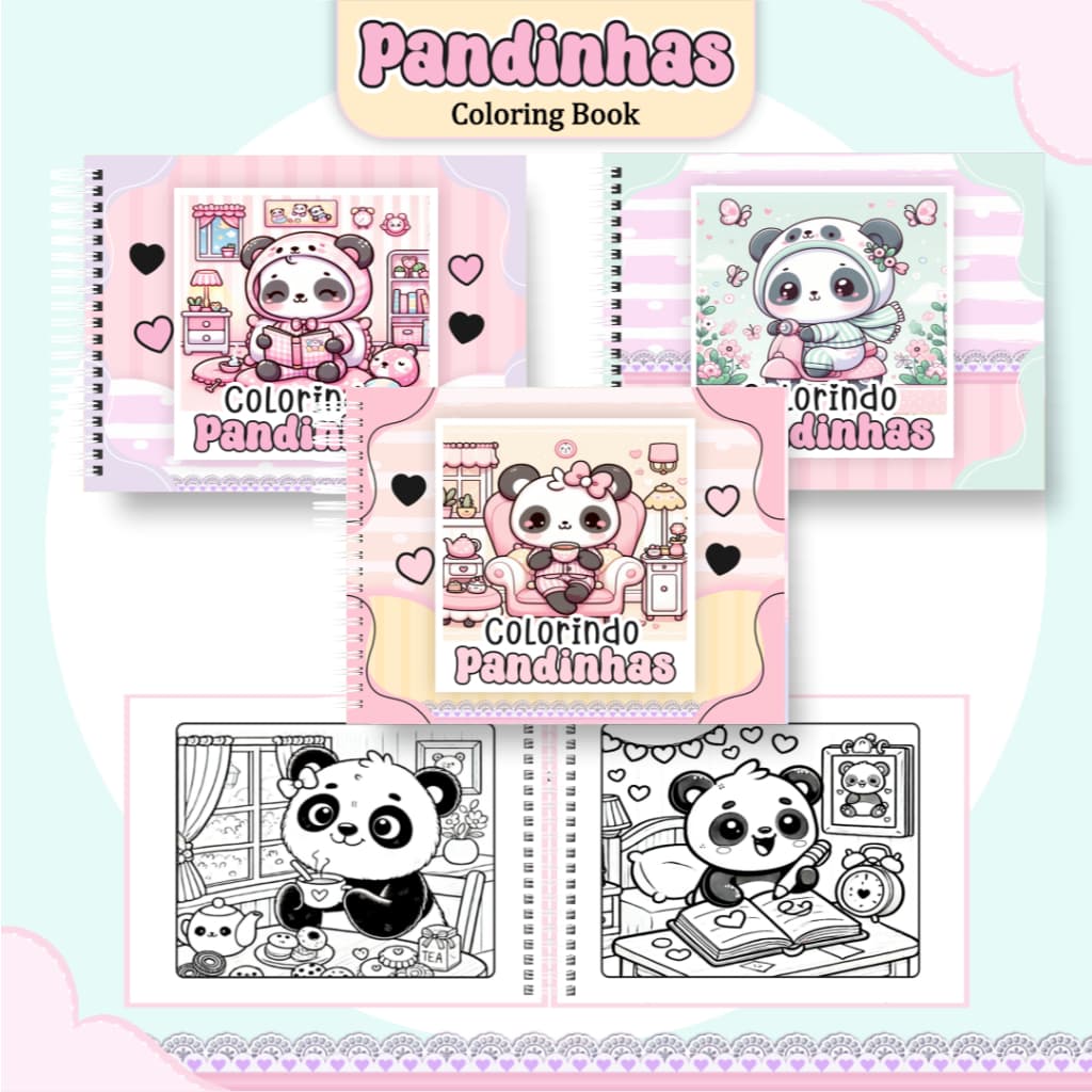 Livro de Colorir Panda 52 Folhas 180G Caderno de Desenho Pintura Coloring Book SEM PERSONALIZAÇÃO