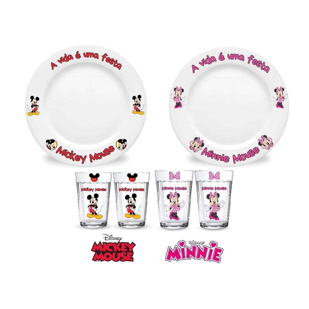 Kit Infantil 1 Prato Cerâmica Sobremesa + 2 Copos Suco Água Personalizado Mickey Minnie Disney Festa