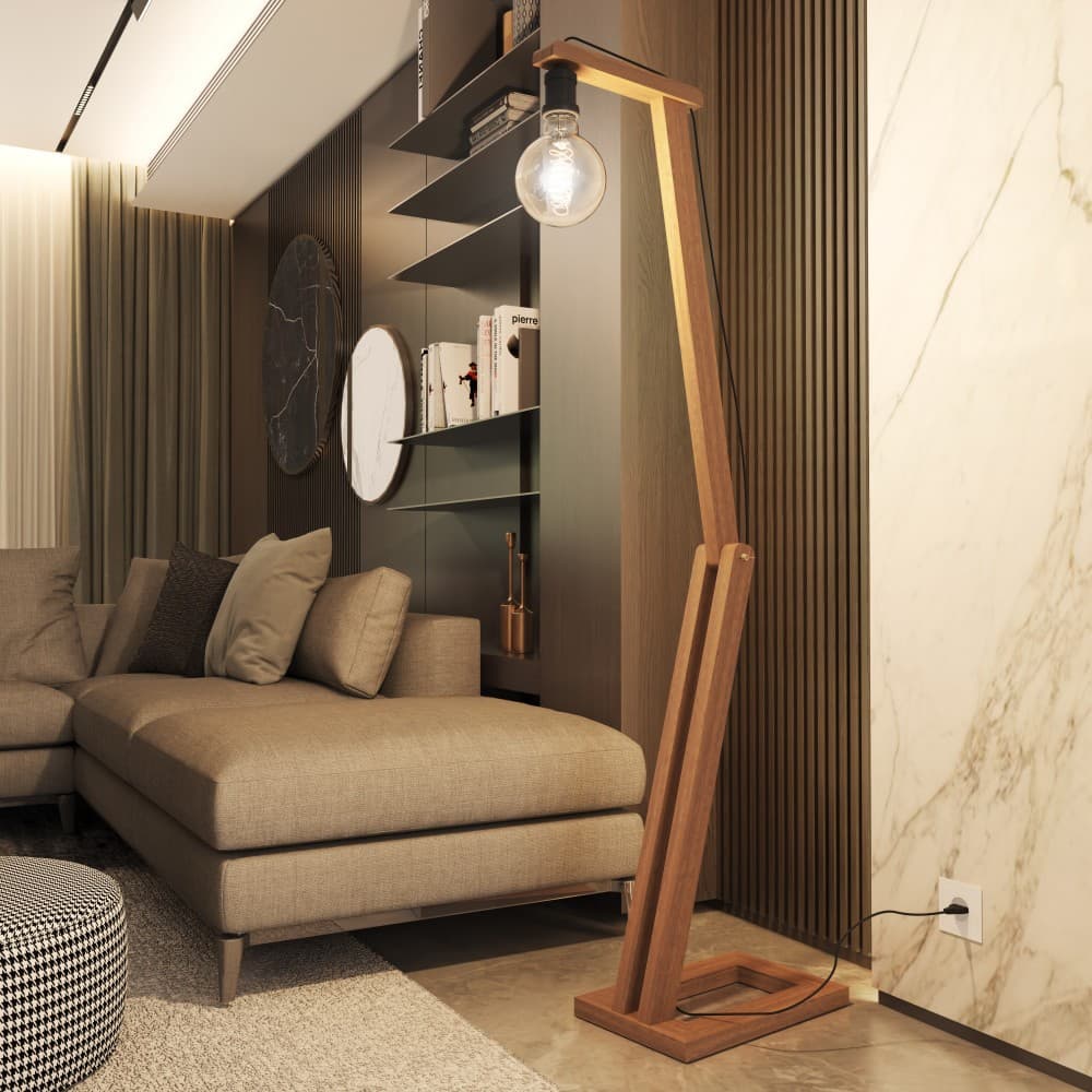 Luminária de Piso Modelo Pelicano em Madeira Design Minimalista Sala Quarto Escritório