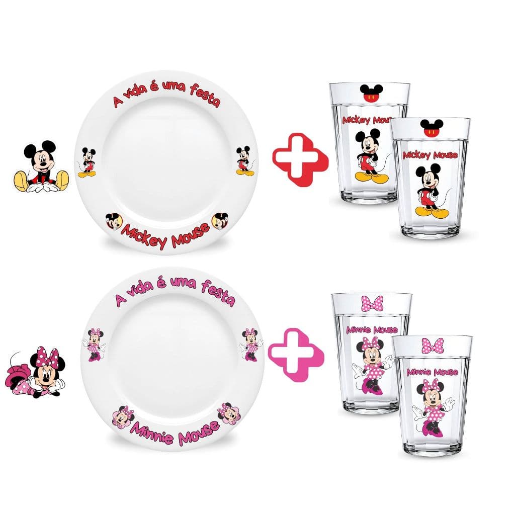 Conj 3 Peças 1 Prato Cerâmica Sobremesa  Mickey Minnie + 2 Copo Americano Temático Infantil Desenho