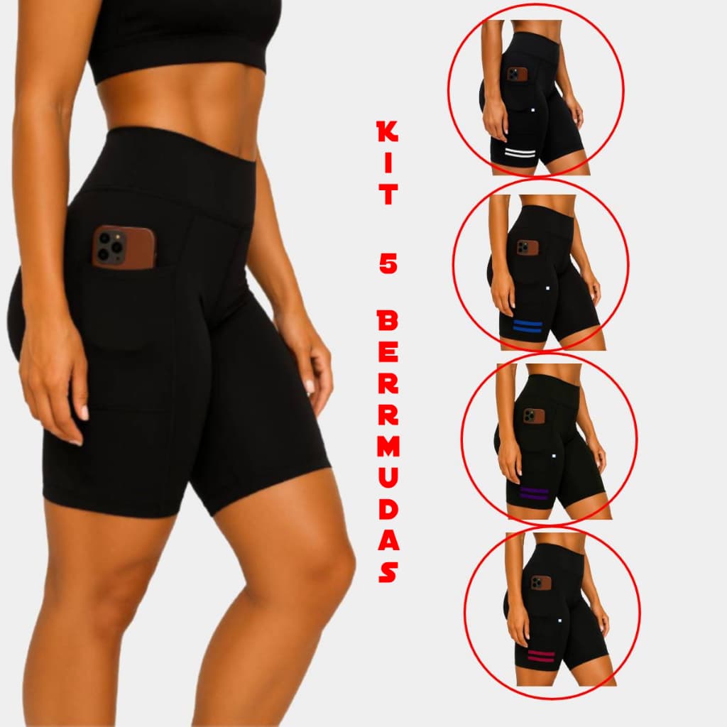Kit 5 Short C/ Bolso Para Corrida, Caminhada Academia Feminino Compresão