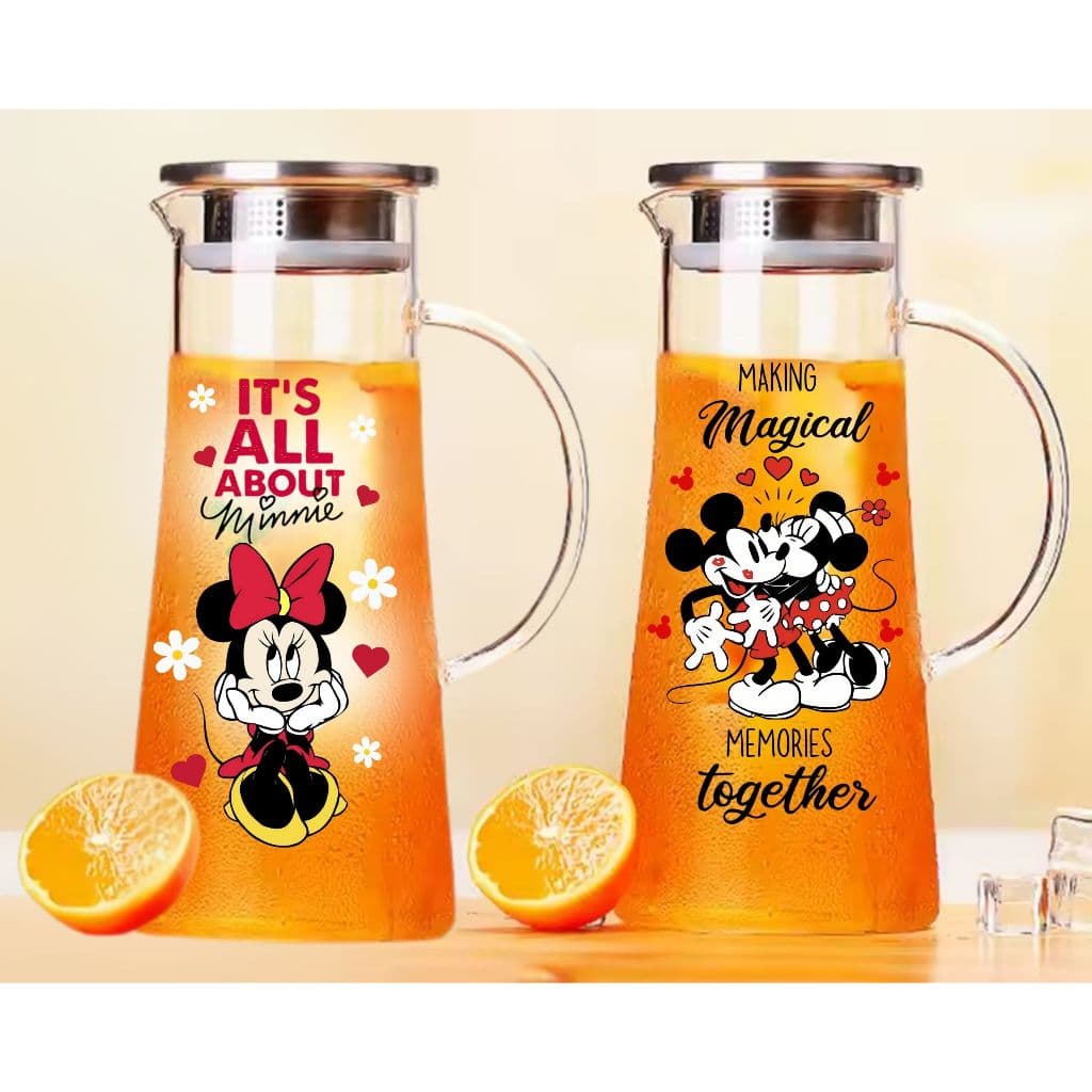 1 Jarra De Vidro Borosilicato Com Tampa De Inox Mickey Minnie Estampada Disney Vai Ao Fogo Luxo