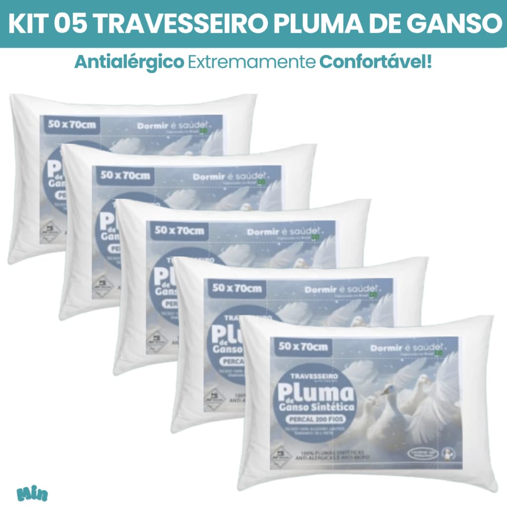 Jogo 5 Travesseiros de Pluma De Ganso Premium Extra Macio 70x50cm Percal 200 fios 100% Algodão