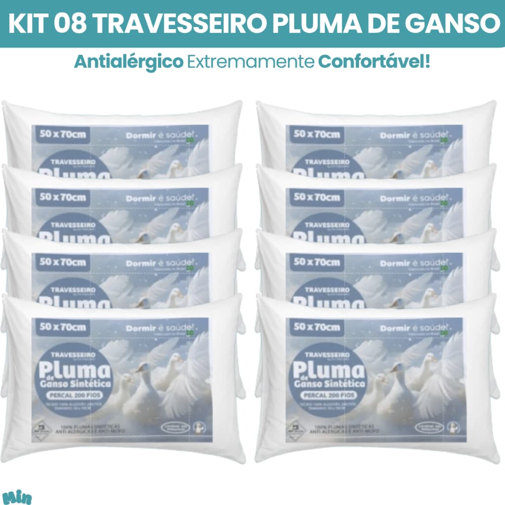 Jogo 8 Travesseiros de Pluma De Ganso Premium Extra Macio 70x50cm Percal 200 fios 100% Algodão