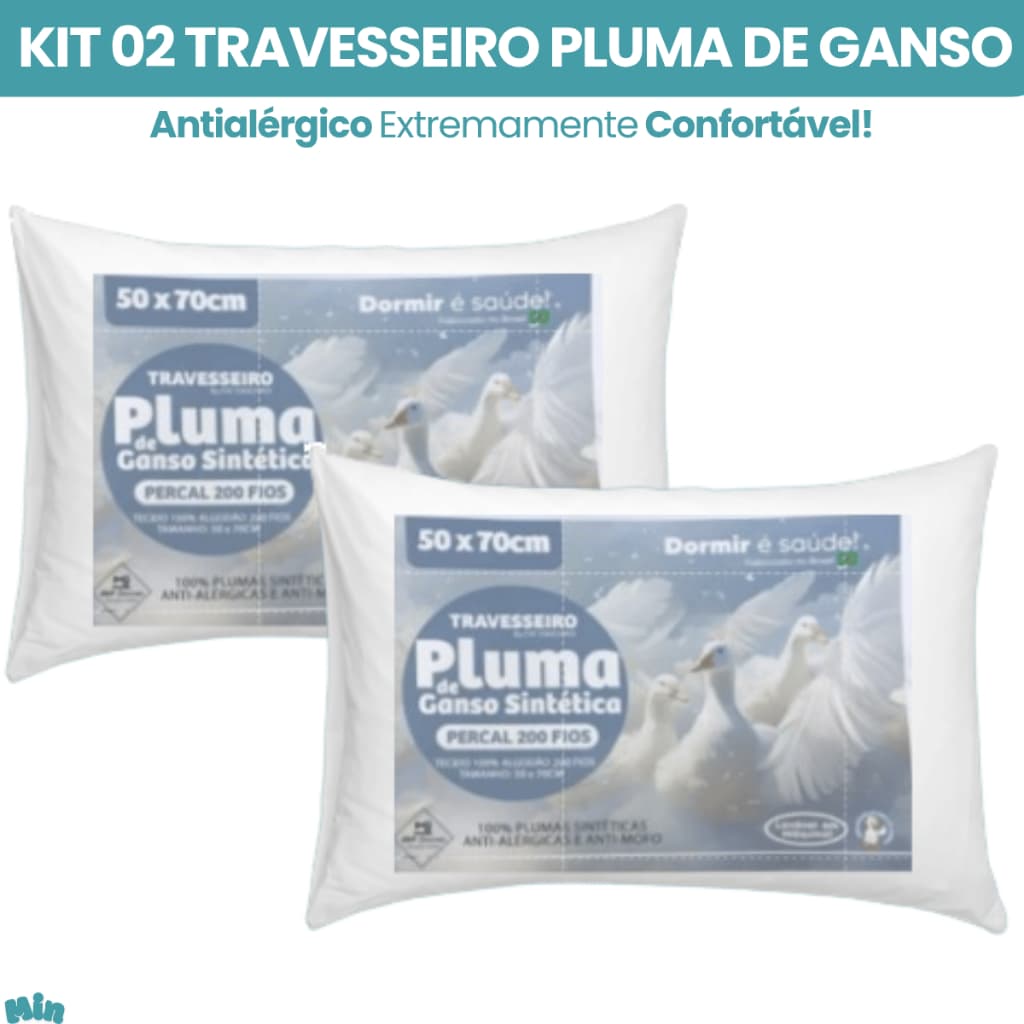 Jogo 2 Travesseiros de Pluma De Ganso Premium Extra Macio 70x50cm Almofada