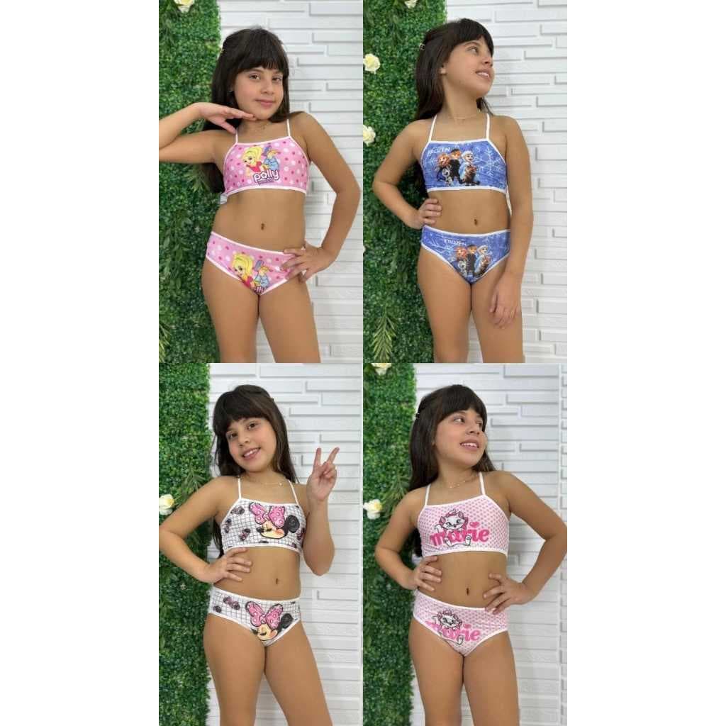 kit 3 conjuntos infantil menina moça sublimada personagem calcinha top nadador