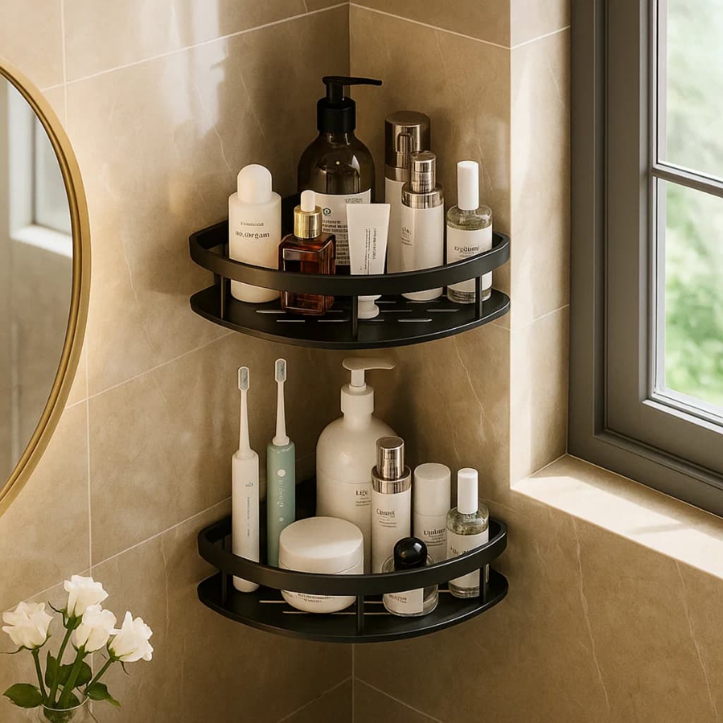 Kit 2 prateleiras canto de banheiro cozinha lavanderia parede sem furar adesiva porta shampoo xampu sabonete box