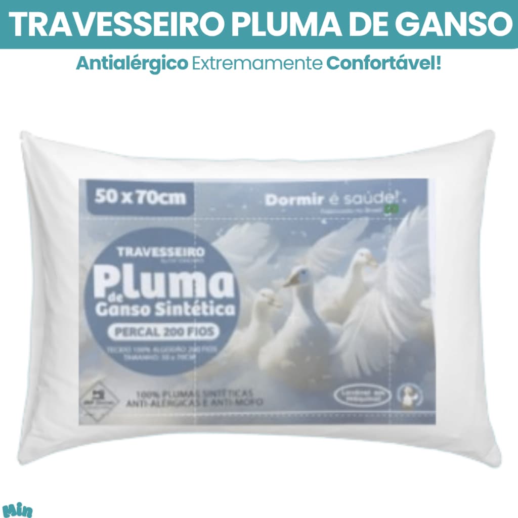 Travesseiro Pluma de Ganso Confortavel Tecido 100% Algodão 200 fios Premium Almofada